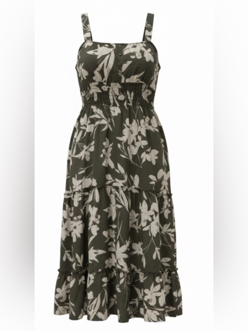 Emma & Michele -Smocked Floral print Maxi Dress. Size: Large Color: Olive/White